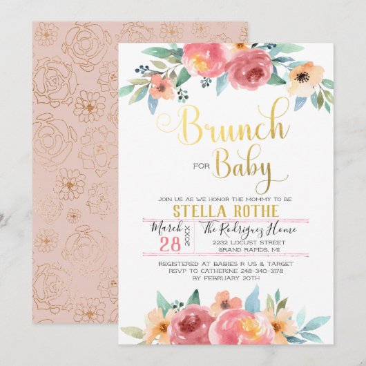Invitation Brunch pour bébé - Fleurs printanières (Devant / Derrière)