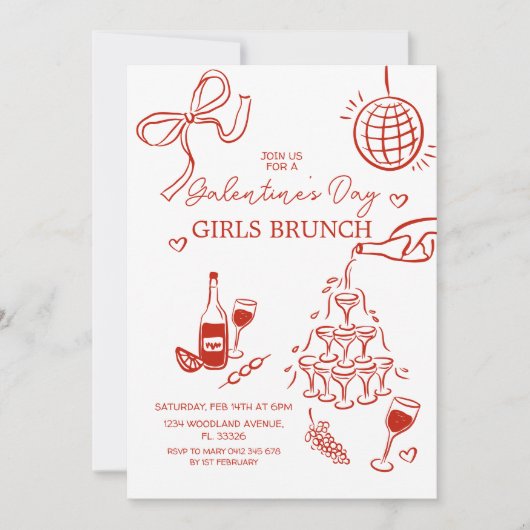 Invitation Brunch pour filles de la Saint-Galentin rouge tiré (Devant)