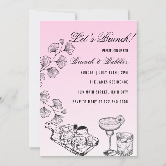Invitation Brunch Rose, Brunch Et Bulles (Devant)