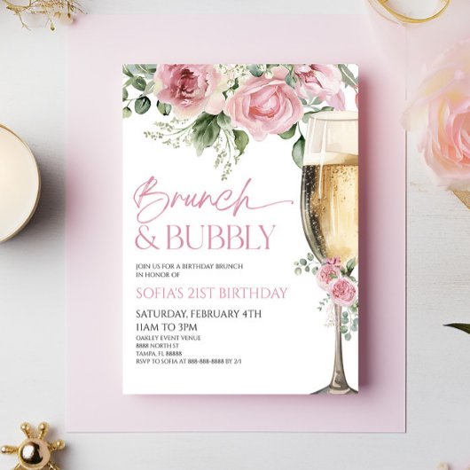 Invitation Brunch rose floral et brunch d'anniversaire Bubbly