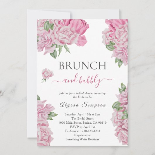 Invitation Brunch rose floral et bulle (Devant)