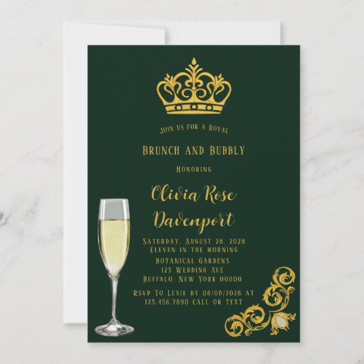 Invitation Brunch royal de la Couronne vert et or et mousseux (Devant)