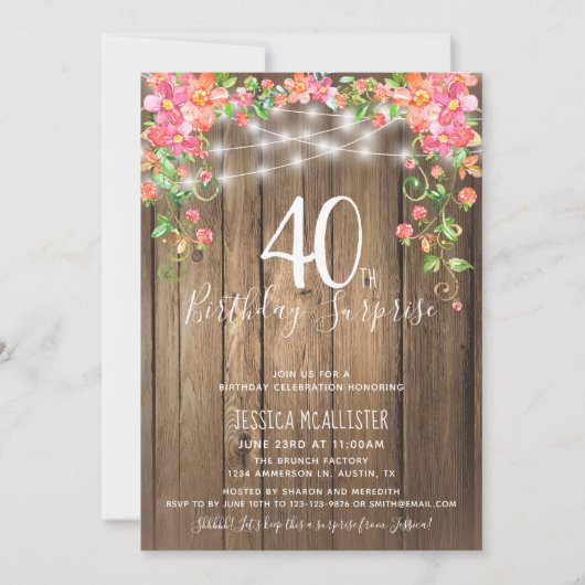 Invitation Brunch Rustic Floral 40e anniversaire surprise (Devant)