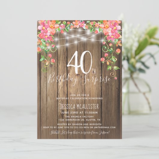 Invitation Brunch Rustic Floral 40e anniversaire surprise (Debout devant)