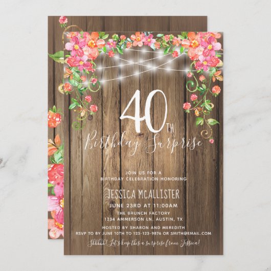 Invitation Brunch Rustic Floral 40e anniversaire surprise (Devant / Derrière)