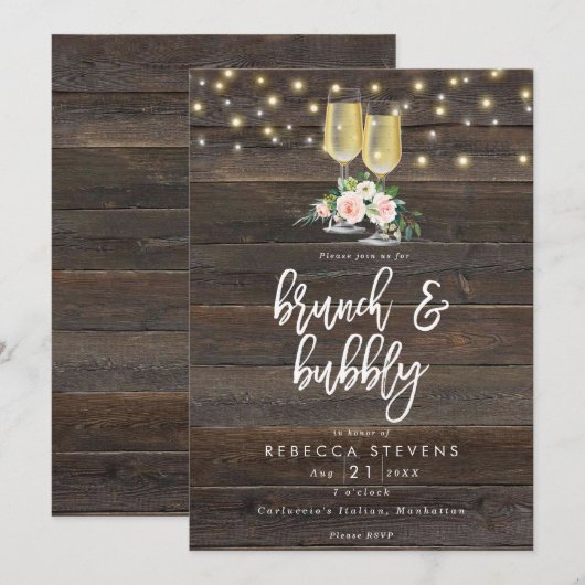 Invitation brunch rustique floral et douche à bulles (Devant / Derrière)