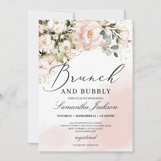 Invitation Brunch rustique rose floral rose et mousseux (Devant)