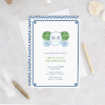 Invitation Brunch Smart Blue & Green Monogram avec les jeunes<br><div class="desc">Ce design élégant bleu, blanc et vert présente un monogramme de couple avec une boule topiaire en bois de boxe dans un jarre de gingembre de chaque côté. Il est entouré d'une frontière de "clé grecque" et à l'arrière est un arrière-motif de "clé grecque". J'ai configuré le modèle pour un...</div>