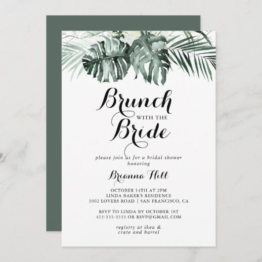 Invitation Brunch vert tropical avec douche de mariée (Devant / Derrière)