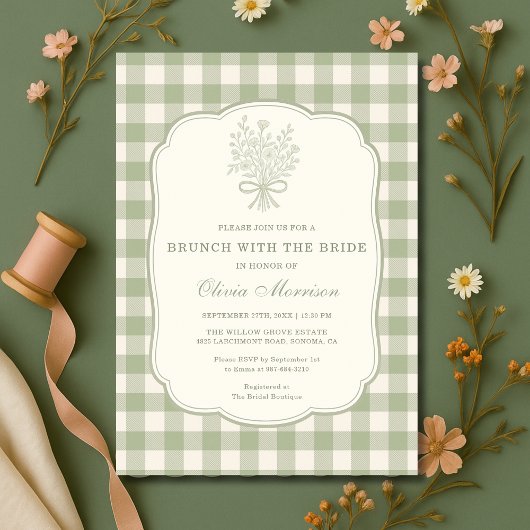 Invitation Brunch with the Bride Sage Green Gingham Shower 