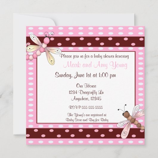 Invitation brune rose de baby shower de libellule (Devant)