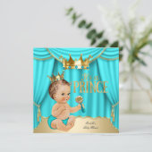 Invitation Brunette Baby shower Prince Aqua Blue Gold Crown (Debout devant)