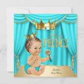 Invitation Brunette Baby shower Prince Aqua Blue Gold Crown (Devant)