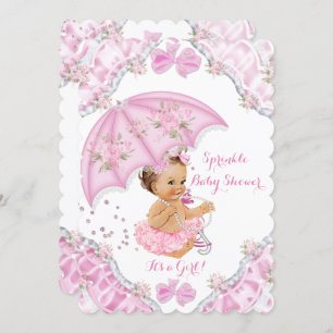 Invitation Brunette Baby shower rose Parapluie Fleurs Fille