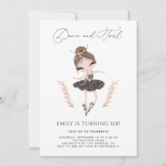 Invitation Brunette Ballerina en Robe Noire Parties scintilla (Devant)