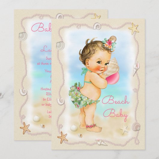 Invitation Brunette Beach Bébé Conch Baby shower Shell (Devant / Derrière)