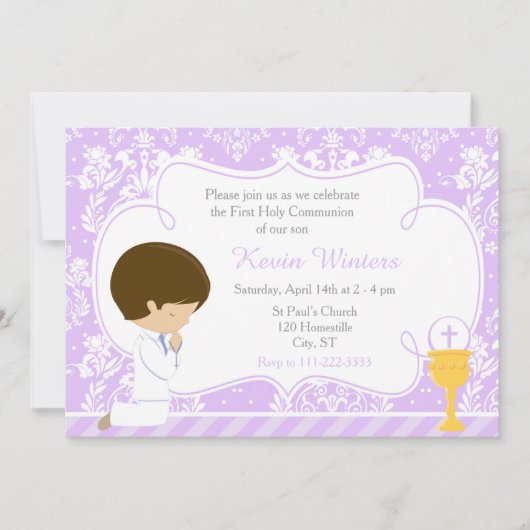 Invitation Brunette Boy First Communion Damask (Devant)