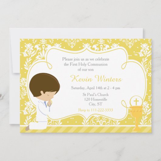 Invitation Brunette Boy First Communion Damask (Devant)