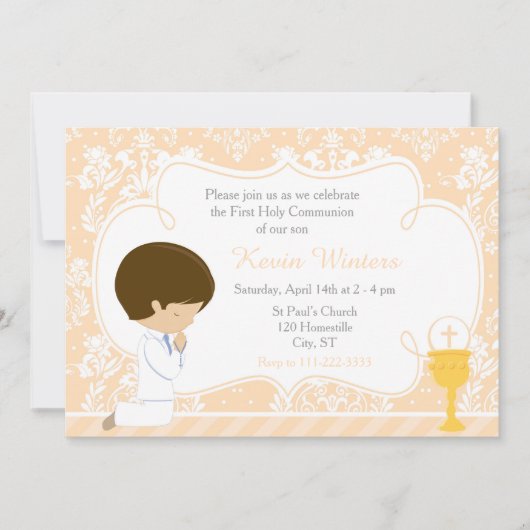 Invitation Brunette Boy First Communion Damask (Devant)