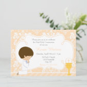 Invitation Brunette Boy First Communion Damask (Debout devant)