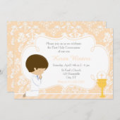 Invitation Brunette Boy First Communion Damask (Devant / Derrière)