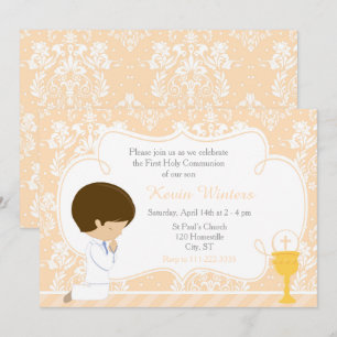 Invitation Brunette Boy First Communion Damask