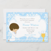 Invitation Brunette Boy First Communion Damask (Devant)