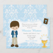 Invitation Brunette Boy First Communion Damask (Devant / Derrière)