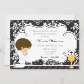 Invitation Brunette Boy First Communion Damask (Devant)