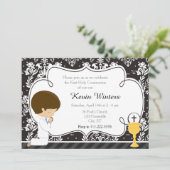 Invitation Brunette Boy First Communion Damask (Debout devant)