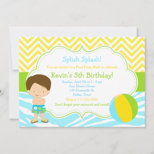 Invitation Brunette Boy Pool Party Bash Party (Devant)
