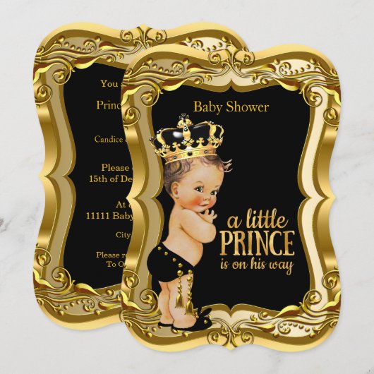 Invitation Brunette Boy Prince Baby shower Black Gold (Devant / Derrière)