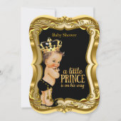 Invitation Brunette Boy Prince Baby shower Black Gold (Devant)