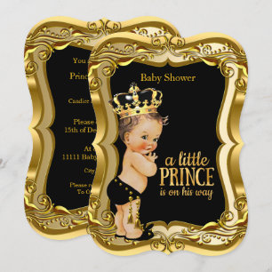 Invitation Brunette Boy Prince Baby shower Black Gold