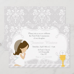 Invitation Brunette Girl First Communion Damask