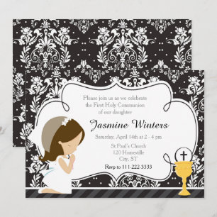Invitation Brunette Girl First Communion Damask