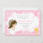 Invitation Brunette Girl First Communion Damask (Devant)