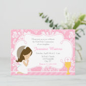 Invitation Brunette Girl First Communion Damask (Debout devant)