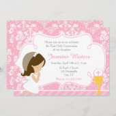 Invitation Brunette Girl First Communion Damask (Devant / Derrière)