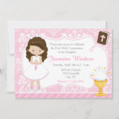 Invitation Brunette Girl First Communion Damask (Devant)