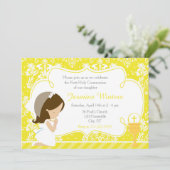 Invitation Brunette Girl First Communion Damask (Debout devant)