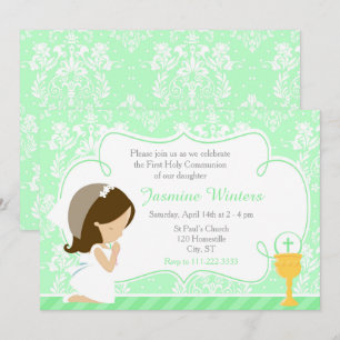 Invitation Brunette Girl First Communion Damask