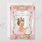 Invitation Brunette Girl Princess Baby shower Rose Silk Gold (Devant)
