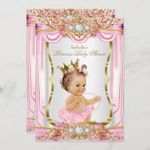 Invitation Brunette Girl Princess Baby shower Rose Silk Gold (Devant / Derrière)