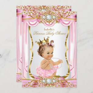 Invitation Brunette Girl Princess Baby shower Rose Silk Gold