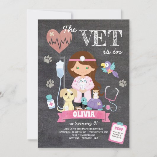 Invitation Brunette Green Eyes Chalkboard Vet Anniversaire (Devant)