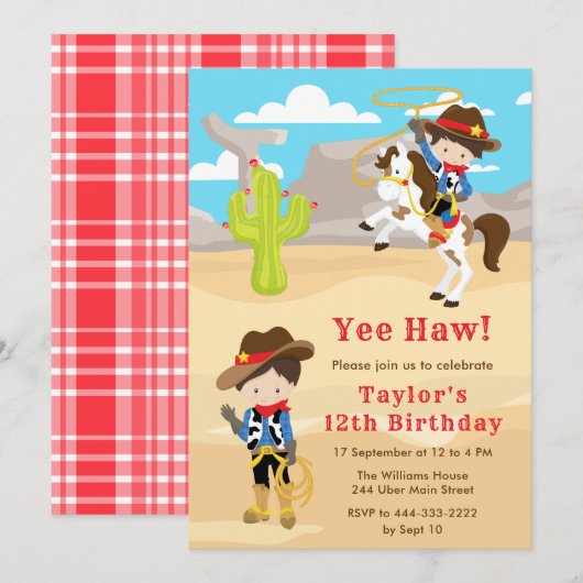 Invitation Brunette Hair Cowboy fête d'anniversaire (Devant / Derrière)