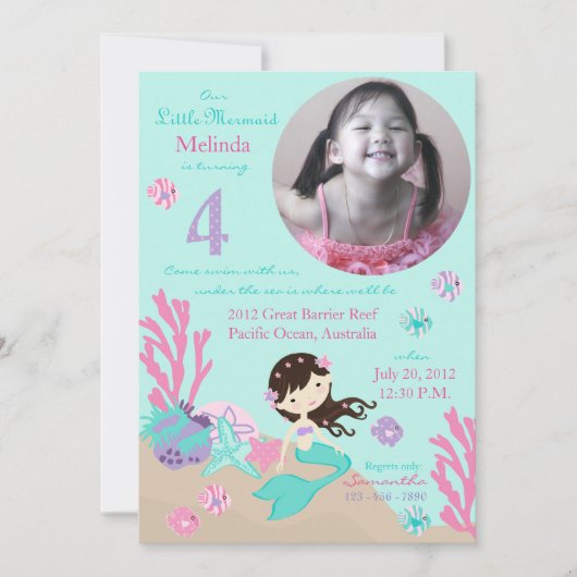 Invitation Brunette Mermaid Quatrième anniversaire (Devant)