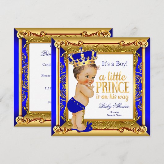 Invitation Brunette Prince Bébé Shower Bleu Faux Or (Devant / Derrière)