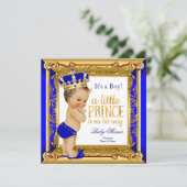 Invitation Brunette Prince Bébé Shower Bleu Faux Or (Debout devant)